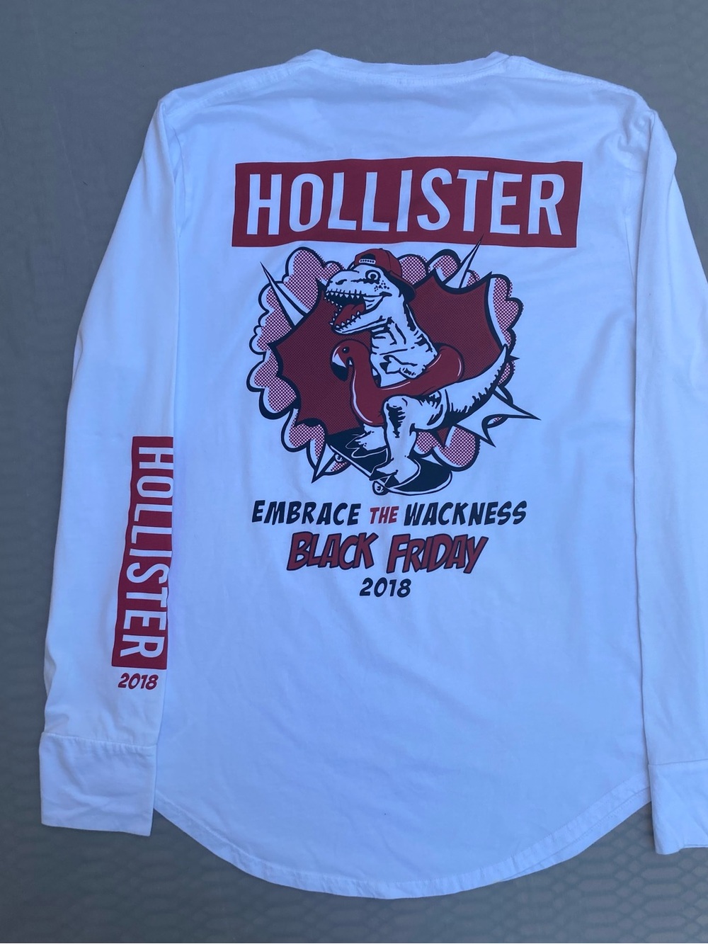 Hollister White Long Sleeve Dino Graphic Tee with Red Accents